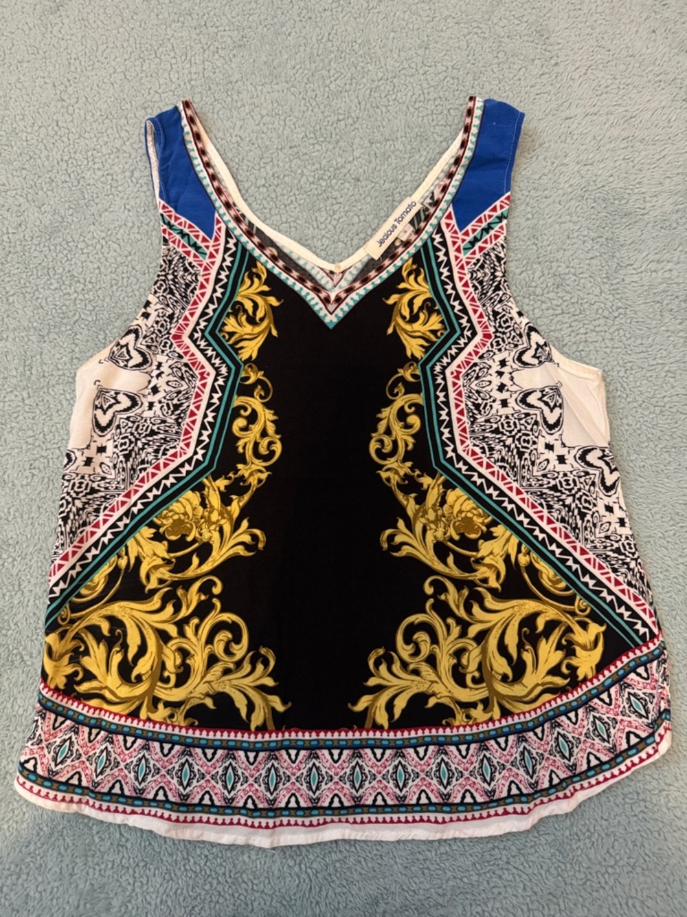 Jealous Tomato Black & Gold Baroque Print V-Neck Tank